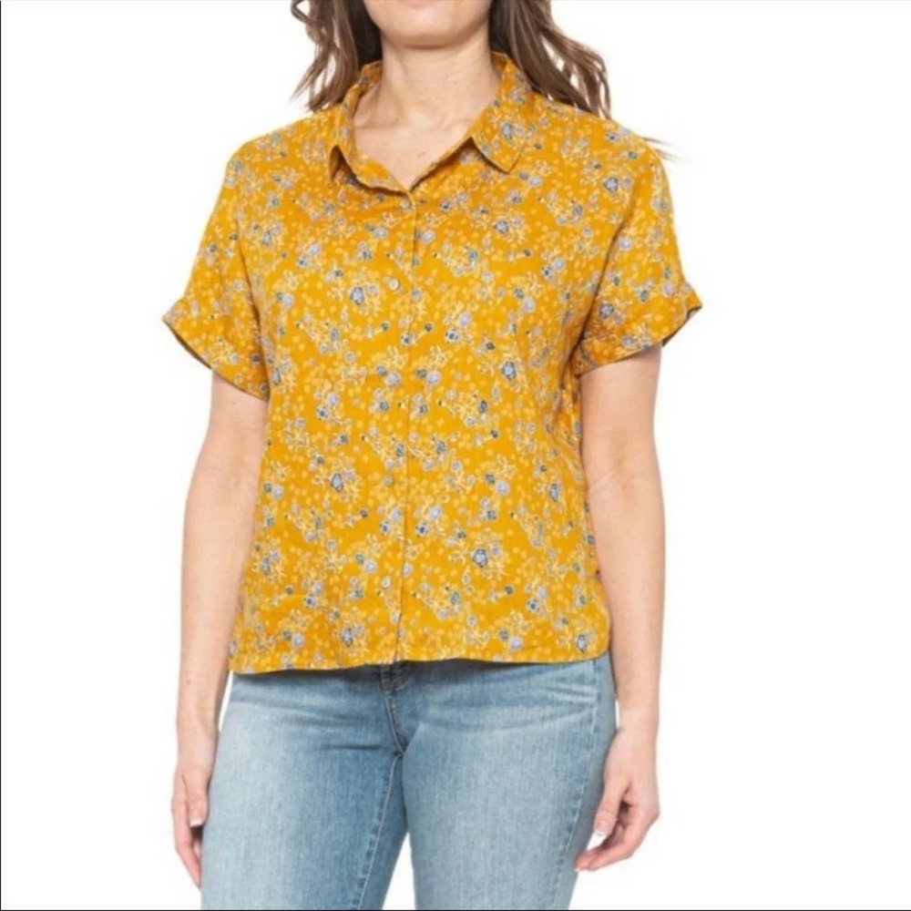 Rachel Zoe 100% linen yellow floral button down short sleeve top xL